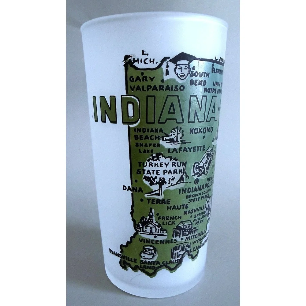 Indiana Vtg 1960s Hoosiers State Landmarks Frosted Glass Tumbler Enamel Paint 5